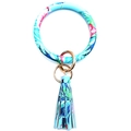 Detail of tropical floral print bangle keychain with pink hibiscus and tassel - Flamingo