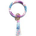 Detail of colorful feather print leather bracelet with golden ring and tassel charm - Beach Tree Print