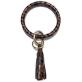 Detail of leopard print leather bangle keychain with golden metal clasp and long tassel - Dark Brown Leopard