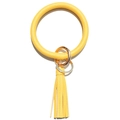 Detailed view of yellow faux leather keyring bangle with tassel and gold metal hardware - Yellow Style