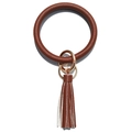 Detail of brown litchi pattern leather keychain ring with long fringe tassel and gold clasp - Dark Brown