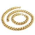 Golden polished Cuban link necklace and bracelet set with secure lobster clasp - Gold Necklace Bracelet Set (KS136025-Z)