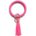 Detail of rose red lychee leather ring keychain with matching tassel and gold hardware - Rose Red
