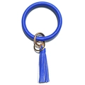 Close-up of royal blue litchi grain leather ring keychain with gold metal hardware and tassel - Sapphire Blue