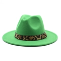 Fashionable bright green wide brim fedora hat with leopard print band and gold stud - M (56-58cm) / Grass Green