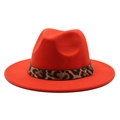 Detail of red wool fedora featuring leopard print band and golden buckle decoration - M (56-58cm) / Orange Red