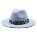 Light blue fedora wool hat with leopard print band and wide brim for men and women - M (56-58cm) / Sky Blue