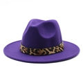 Detail of purple wool felt jazz hat featuring leopard print band and gold stud accent - M (56-58cm) / Purple