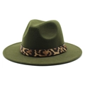 Detail of army green fedora wool hat with leopard print band and gold buckle accent - M (56-58cm) / Army Green