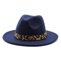 Detailed view of navy blue wool fedora featuring a leopard print band and gold stud - M (56-58cm) / Navy Blue