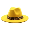 Close-up of yellow wool fedora hat with leopard print band and gold buckle detail - M (56-58cm) / Yellow