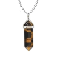 Natural tiger eye hexagonal crystal point necklace with silver chain on white background - Tiger Eye + Chain