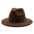 Detailed close-up of dark brown wool fedora hat with black leather band and silver buckle - M (56-58cm) / Dark Coffee