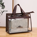Transparent PVC dustproof handbag organizer with brown handles and a zipper closure - 50*39*12CM Size XXL (Thick) / Coffee