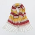 Thick warm cashmere-feel scarf with yellow and pink stripes and white fringe tassels - 240x38cm / Red Yellow White Striped