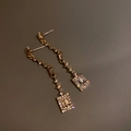 Elegant gold drop earrings with zircon square crystals and shimmering rhinestone tassels - Gold (Silver Earring Post)