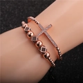 Set bracciale a perle con croce in oro rosa con zirconi bianchi da uomo - Set / Oro rosa