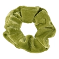 Green velvet scrunchie detail view, soft touch classic hair tie for daily hairstyles. - Fruit Green