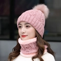 Detailed view of pink knitted winter hat and neck warmer set with soft fleece lining - M (56-58cm) / Pink