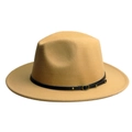 Classic camel wool felt fedora hat featuring a black leather band with a golden buckle - M (56-58cm) / Camel