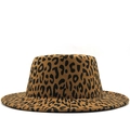 Classic leopard print wool felt flat top fedora hat for women with wide brim style - Dark Khaki