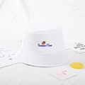 White cotton bucket hat featuring strawberry embroidery and Summer Time slogan text - Strawberry White