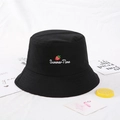 Black cotton bucket hat with strawberry embroidery and Summer Time text detail - Black Strawberry