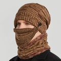 Ensemble d'hiver marron café avec bonnet tricoté, masque et tour de cou doublé polaire - Kaki