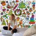 Christmas wall tapestry with hand-drawn graffiti tree and snowman for room decor - Colorful Festive Doodle