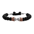 Men's crown bracelet set with black lava stones, white turquoise, and rose gold charms - Single Braided Pull Rope / Lava Howlite Silver Crown