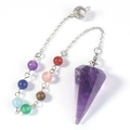 Hexagonal amethyst crystal pendulum necklace with seven chakra beads on silver chain - Amethyst With 7 Bead Chain