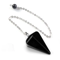 Polished black obsidian hexagonal prism pendulum necklace with silver chain and bead - Black Agate + Bead Chain