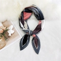 Navy and pink pleated small square silk scarf with geometric color block design - 70cm/Pleated / Colorful Grid Grey Border