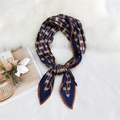 Pleated skinny scarf with geometric navy blue and brown stripes in a knotted style - 70cm/Pleated / Woven Orange Border