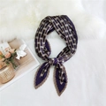 Elegant purple and beige plaid pleated silk neck scarf styled in a decorative knot - 70cm/Pleated / Woven Khaki Border