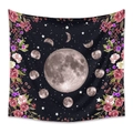 Tapestrie bohème noire avec phases de lune, roses et fond de ciel étoilé - 73X95CM (Brossé Transfrontalier) / Phase de Lune Noire Floral Rose Violet (YCYX01)