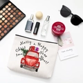 Beige cotton canvas Christmas makeup bag with red gift car print and zipper closure - Style F (Happy New Year Red Beetle)