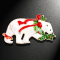 Charming polar bear brooch with red festive bow and green leaves on dark background - Festive Polar Bear Style (YNCP2956)