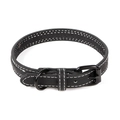 Adjustable black PU leather pet collar with white contrast stitching and black metal buckle - Black