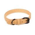 Adjustable camel brown PU leather dog collar with stylish white contrast stitching - Khaki