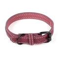 Adjustable burgundy PU leather pet collar with white stitching and black metal buckle - Burgundy