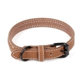 Brown PU leather pet collar with white stitching and durable black metal buckle - Coffee