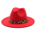 Classic red wool fedora hat with leopard print band and stylish metal stud detail - M (56-58cm) / Red