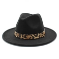Classic black wide brim fedora hat featuring a stylish leopard print band and metal stud - M (56-58cm) / Black