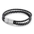 Bracciale da uomo a doppio strato in pelle nera con perline in acciaio inossidabile argento - Colore Acciaio (KB110733-K)