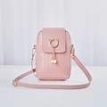 Pink woven texture phone crossbody bag with pearl charms and golden cat ear detail - Pink