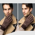 Dark brown suede men's winter gloves with metal buckle strap and ribbed knit cuffs - One Size / Arrow Design - Coffee