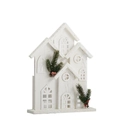 White wooden Christmas house with snow texture, pine needles and red berries - Medium White House / White / Medium (20x8x32cm)