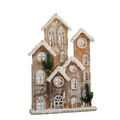 Illuminated wooden Christmas house village with snow effect and festive pine accents - Medium Natural Wood House / Natural Wood Color / Medium (25x8x42cm)