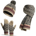 Winter knit set including khaki beanie with pompom, scarf and gloves in geometric patterns - Beige